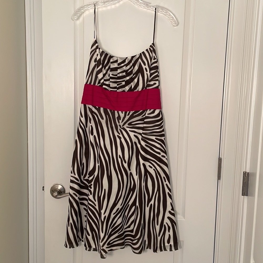 Brown/white zebra print with raspberry sash.